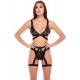 Ensemble  pièces soutien-gorge, string et porte jarretelles - REN53022-BLK