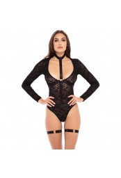 Body dentelle manches longues, harnais et jarretières - REN50019-BLK