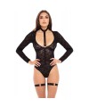 Body dentelle manches longues, harnais et jarretières - REN50019-BLK