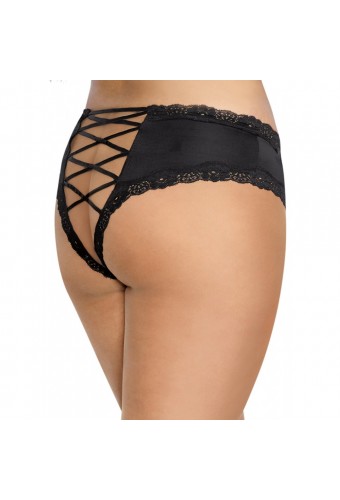 Tanga grande taille noir satiné bordures dentelle ajouré sur les fesses