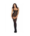 Bodystocking noir dentelle effet guêpières large décolleté et bas sexy - DG0144BLK