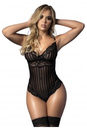 Body dentelle noir,  rayé en dentelle et fine résille - MAL8631BLK