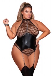 Body grande taille large résille et porte jarretelle simili cuir avec chainettes - DG12495XBLK