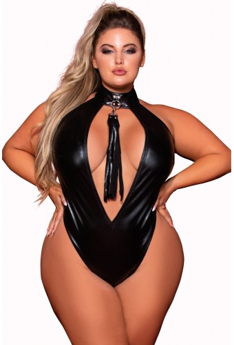 Body en simili cuir grande taille, extensible avec col clouté et fouet - DG12450XBLK