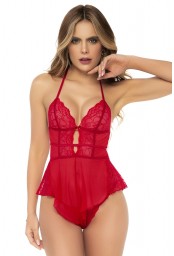 Body rouge effet babydoll et string assorti - MAL7445RED