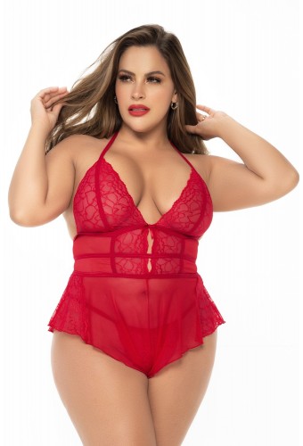 Body rouge grande taille effet babydoll et string assorti - MAL7445XRED