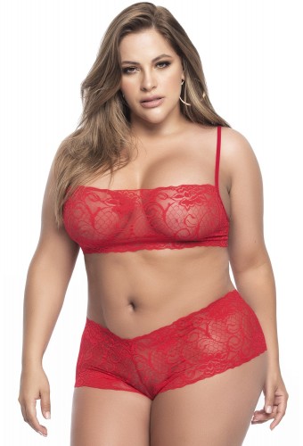 Ensemble lingerie, grande taille,  rouge top bustier et shorty dentelle   - MAL206XRED