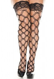 Bas autofixants filet grande taille fils noirs en losange 