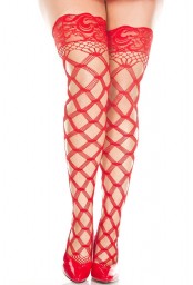 Bas autofixants filet grande taille fils rouges en losange 