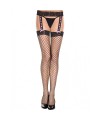 Collant résille noir effet porte-jarretelles et ruban rose