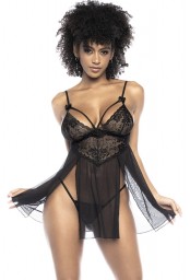 Nuisette dentelle et résille noire avec string sexy- MAL7502BLK