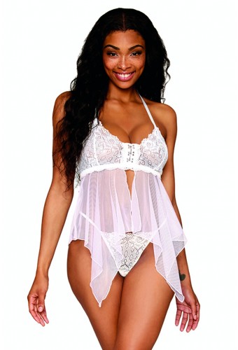 Babydoll et string en résille et dentelle blanche - DG13314WHT