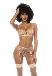 Ensemble 3 pièces avec dentelle brodée florale, soutien gorge avec armatures, porte jarretelles et string assorti -...