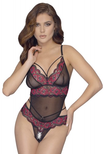 Body string en dentelle florale bicolore et résille - R2642859