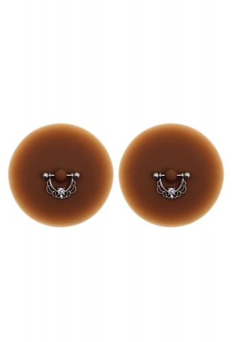 Paire de cache-tétons piercing barre demi-anneau faux diamant peau foncée - XP008F