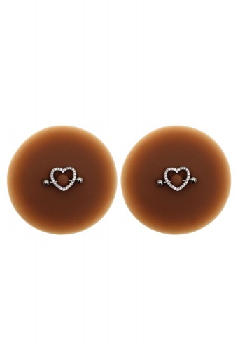 Paire de cache-tétons piercing barre coeur faux diamant peau foncée - XP004F