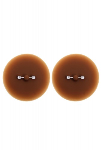 Paire de cache-tétons piercing barre faux diamant peau foncée - XP001F
