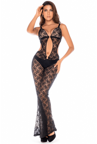 Combinaison/robe ajourée en dentelle noire - MAL1914BLK