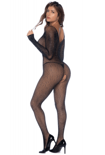 Combinaison noire en résille ornée de strass - MAL1131BKRH