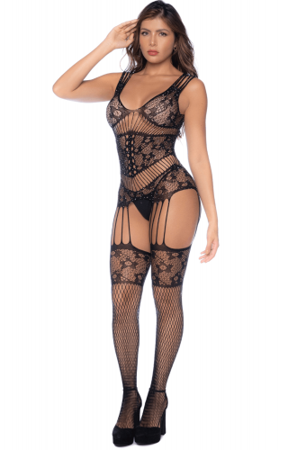 Combinaison noire en résille avec strass - MAL1132BKRH