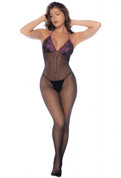 Combinaison en résille et dentelle noire et violette - MAL1122BKPU