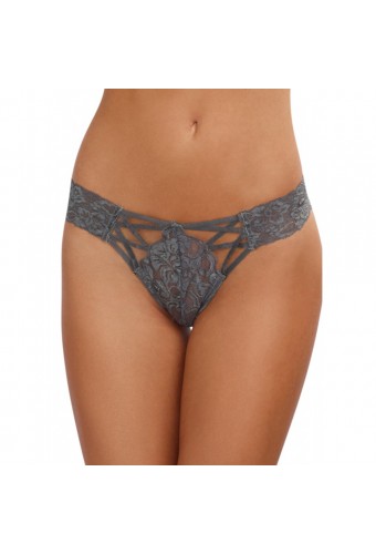 Tanga gris dentelle sexy ajouré sur l'avant