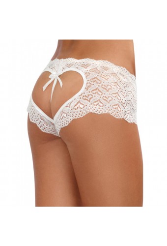 Shorty blanc de dentelle ouvert et ajouré sur les fesses forme coeur