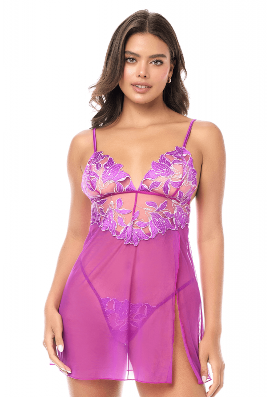 Babydoll sexy en résille brodée florale et string 