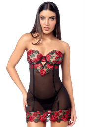 Nuisette sexy à armatures broderie roses et string
