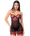 Nuisette sexy à armatures broderie roses et string