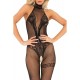 Bodystocking noir résille effet body string et jarretière