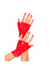 Gants rouges doigts ouverts dentelle florale 