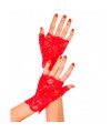 Gants rouges doigts ouverts dentelle florale 