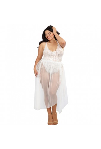 Body string grande taille blanc échancré dentelle avec jupe de maille transparente amovible