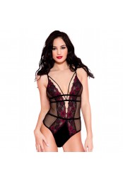 Body noir résille sexy bordures dentelle fleurie et ornements