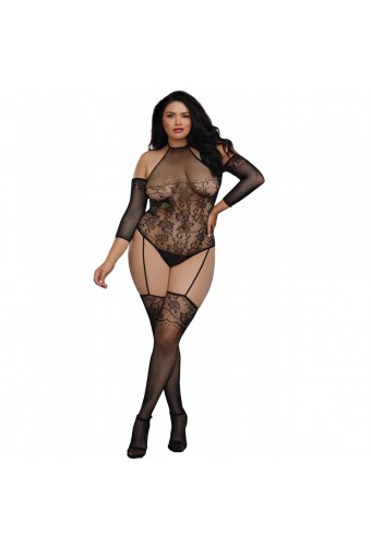 Bodystocking grande taille résille effet bas jarretelles