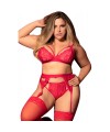 Ensemble 3 pièces rouge grande taille  soutien-gorge string porte-jarretelles - MAL8221XRED