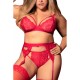 Ensemble 3 pièces rouge grande taille  soutien-gorge string porte-jarretelles - MAL8221XRED