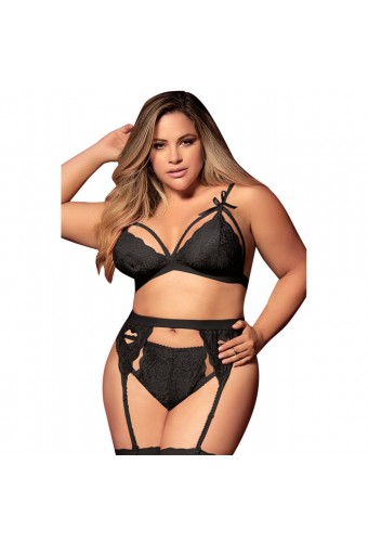 Ensemble 3 pièces noir grande taille  soutien-gorge string porte-jarretelles - MAL8221XBLK