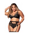 Ensemble 3 pièces noir grande taille  soutien-gorge string porte-jarretelles - MAL8221XBLK